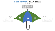 Umbrella design with a blue center and green sides, featuring icons and captions beneath on a white background.