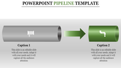 PowerPoint pipeline template featuring two pipes connected by an arrow, with space for captions to describe each stage.
