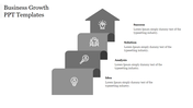 A gray staircase with icons representing success, solution, analysis, and idea stages in a business growth process.