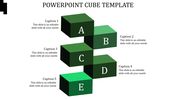 Staggered green cube infographic with labels A, B, C, D, E, and captions positioned to the left and right.