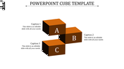PowerPoint template with three stacked 3D cubes in brown and orange, labeled A, B, and C, each with a caption.