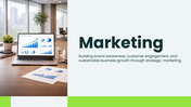 Marketing PowerPoint template slides featuring market research, audience targeting, campaign strategy, and KPIs.