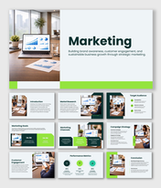 Marketing PowerPoint template slides featuring market research, audience targeting, campaign strategy, and KPIs.