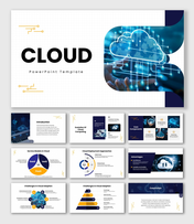 Cloud blue slides with SaaS, IaaS, and PaaS chart, cloud icon graphics, deployment diagram, and tech visuals.
