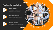 Project layout with three numbered triangles on the left, paired with a circular team photo framed by orange elements.
