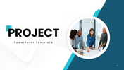 Project slides, team meeting image, blue-white theme, circular shapes, icons, and clean structured text boxes layout.
