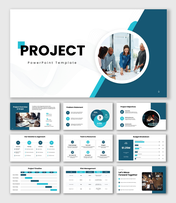 Project slides, team meeting image, blue-white theme, circular shapes, icons, and clean structured text boxes layout.