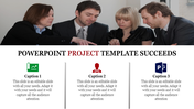 A team of professionals working on a project with a PowerPoint presentation template displayed.