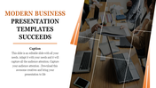Business slide featuring bold text with orange accents, and a collaborative workspace photo featuring laptops and documents.
