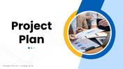 Project plan slides, blue-yellow theme, chart analysis image, circular shapes, icons, and clean structured text boxes layout