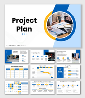 Project plan slides, blue-yellow theme, chart analysis image, circular shapes, icons, and clean structured text boxes layout