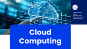 Cloud computing PowerPoint template with icons of cloud storage and a child writing in a notebook with captions.