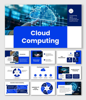 Cloud computing PowerPoint template with icons of cloud storage and a child writing in a notebook with captions.