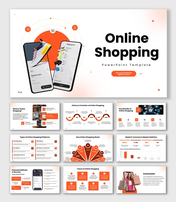 Online Shopping slide with mobile apps, cart UI, orange shapes, icons, and structured text holders.