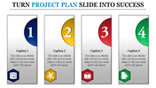 Project plan infographic design vertical panels with gradient backgrounds, numbered 1 to 4, paired with captions and icons.
