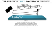 Travel template featuring a black and white boat illustration on a blue platform with a waving flag.