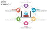 Circular layout with a laptop showing a shopping cart, surrounded by hexagonal icons for online shopping activities.