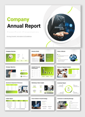 Company annual report PPT with overview, financials, performance, strategy, insights, and future growth outlook.