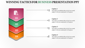 Business slide featuring a vertical layered design with four colorful numbered sections and captions on the right.