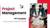 A Project Management PPT Template with red color theme, workflow icons, charts, and planning process slides.