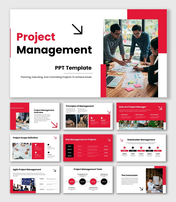 A Project Management PPT Template with red color theme, workflow icons, charts, and planning process slides.