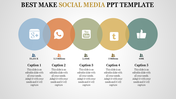 Colorful social media icons in five overlapping circles with captions and statistics below each on a gray background.