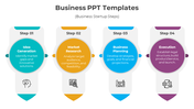 Four vertical infographic steps in teal, yellow, blue, and purple, detailing business startup stages with icons.