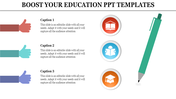 Education PPT slide featuring three icons for books, a graduation cap, and a hand gesture with captions and a pencil.