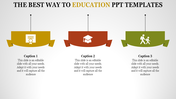 Education PPT slide with three colorful icons representing certificates, graduation hats, and students, along with captions.