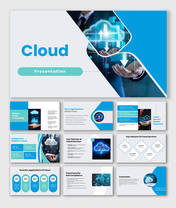 Cloud PPT template covering computing basics, deployment models, features, security, and business applications.
