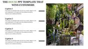 House themed PowerPoint template showing a beautiful house exterior and garden, with four caption sections.