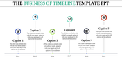 Business timeline template with dotted vertical lines linking icons and captions for milestones spanning 2014 to 2019.