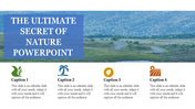 Title text on a blue overlay against a green landscape, with four colored icons at the bottom for captions.