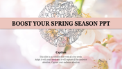 Slide featuring spring inspired design with soft floral imagery, decorative elements, and a caption area below.