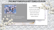 Slide with a marble textured background, showing a cherry blossom photo, and white floral decorations framing caption areas.