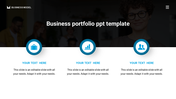 A portfolio template featuring three blue circular icons representing business concepts, each with placeholder text.