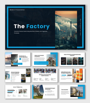 Factory PowerPoint Template slides with blue color theme, factory images, process charts, and industrial layouts.