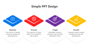 Simple slide with four colorful diamonds in blue, red, purple, and yellow icons  with brief descriptions below.