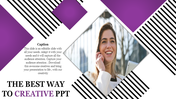 Creative slide layout with a central diamond-shaped photo surrounded by purple and black striped patterns.