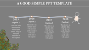 Timeline slide with a wavy line connecting years, captions under each year, and a running stick figure illustration.