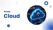 Cloud PPT Template with secure cloud lock network image, blue circular shapes and clean white layout.