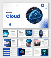 Cloud PPT Template with secure cloud lock network image, blue circular shapes and clean white layout.