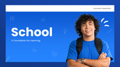 PPT Template For School with blue theme, student image, icons, text placeholders, and clean education slide layout.