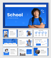 PPT Template For School with blue theme, student image, icons, text placeholders, and clean education slide layout.