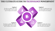 Technology-themed slide featuring a purple flower-like graphic with a video camera icon at the center and four captions.