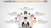 Illustration of a businessperson with a laptop, surrounded by five circular icons representing digital marketing elements.