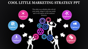 PowerPoint template showcasing a creative marketing strategy with colorful icons and gears with captions on a dark theme.