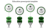 Education slide with icons representing academic elements, including a graduation cap, books, and a pencil design.