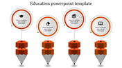 Four pencil shaped designs with orange tops, connected to circular frames, showcasing educational icons in a linear format.