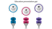Educational themed diagram featuring three vertically stacked pencils in different colors, connected to circular sections. 
